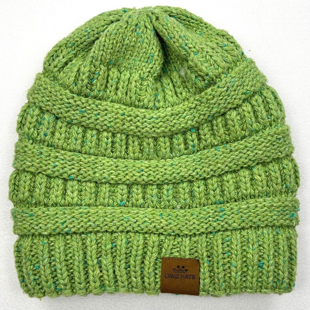 Lvaiz Beanie Hat Green Tweed Chunky Cable Knit Silk Satin Lined Winter Skull Cap